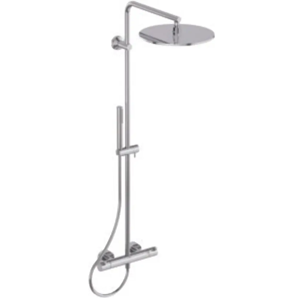 Duschsystem mit großen, runden Kopfbrause und Handbrause, verchromtem Aufbau und Thermostat, hergestellt von Ideal Standard.